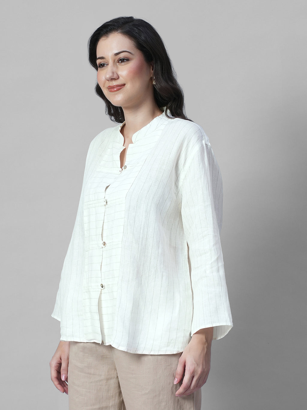 Women's Offwhite 100% Linen Boxy Fit Blouse