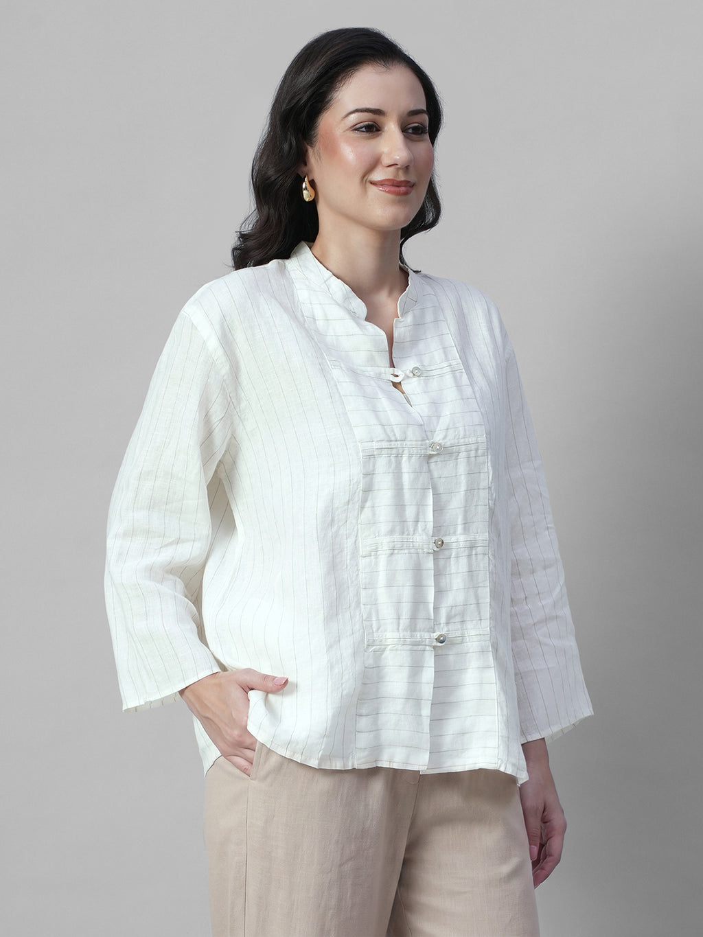 Women's Offwhite 100% Linen Boxy Fit Blouse