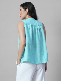 Women's Chambray Blue 100% Linen Regular Fit Blouse