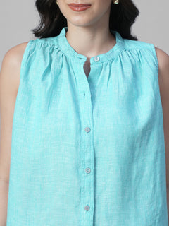 Women's Chambray Blue 100% Linen Regular Fit Blouse