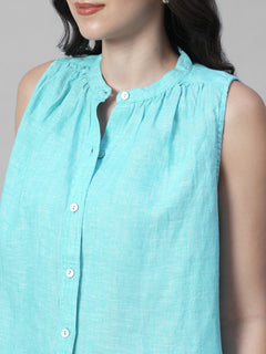 Women's Chambray Blue 100% Linen Regular Fit Blouse