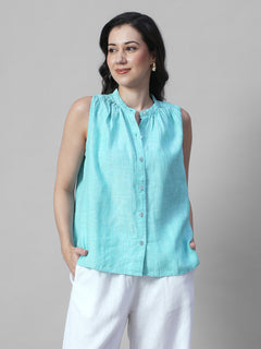 Women's Chambray Blue 100% Linen Regular Fit Blouse