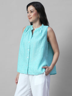 Women's Chambray Blue 100% Linen Regular Fit Blouse