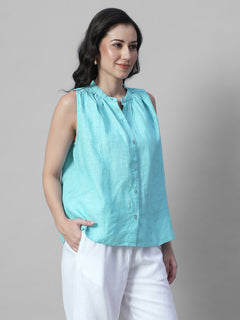 Women's Chambray Blue 100% Linen Regular Fit Blouse