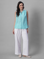 Women's Chambray Blue 100% Linen Regular Fit Blouse