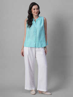 Women's Chambray Blue 100% Linen Regular Fit Blouse