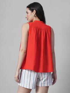 Women's Red 100% Linen Regular Fit Blouse