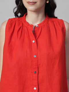 Women's Red 100% Linen Regular Fit Blouse