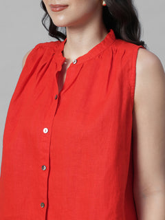 Women's Red 100% Linen Regular Fit Blouse