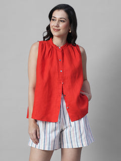 Women's Red 100% Linen Regular Fit Blouse
