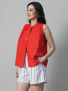 Women's Red 100% Linen Regular Fit Blouse