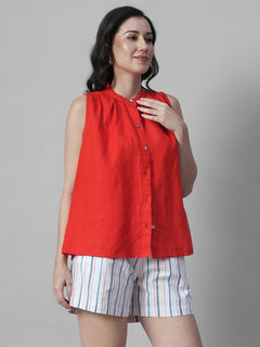 Women's Red 100% Linen Regular Fit Blouse