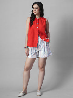 Women's Red 100% Linen Regular Fit Blouse