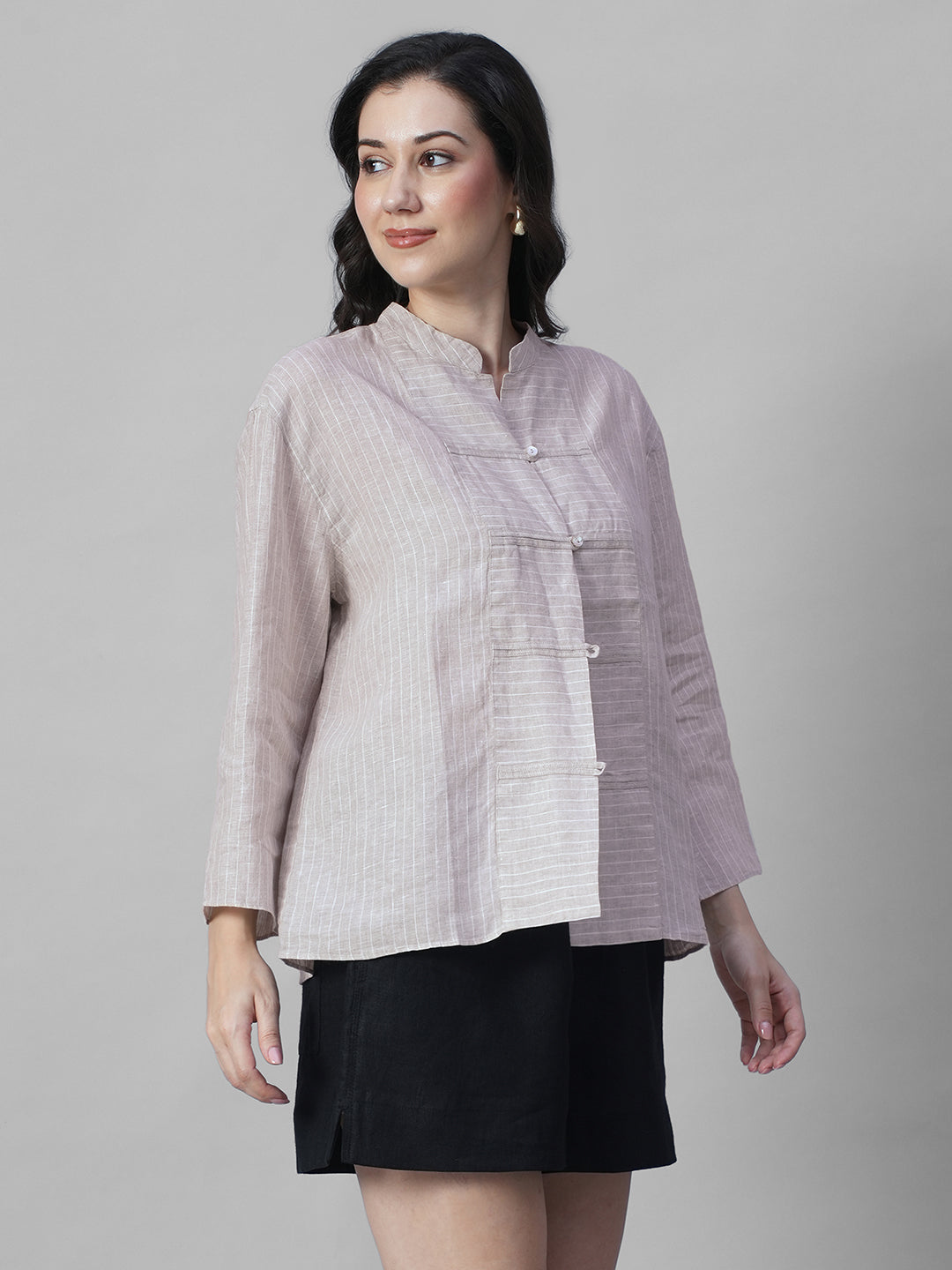 Women's Beige 100% Linen Boxy Fit Blouse
