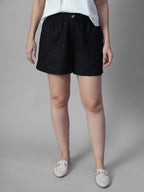 Women's Black 100% Linen Regular Fit Shorts
