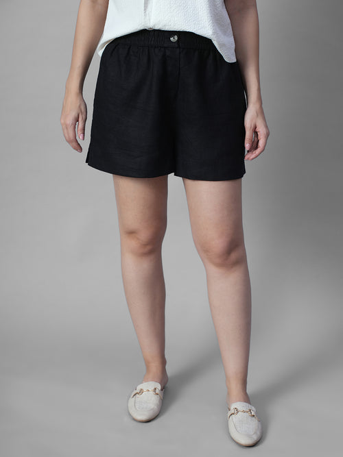 Women's Black 100% Linen Regular Fit Shorts