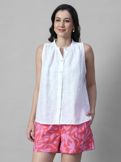 Women's White 100% Linen Regular Fit Blouse