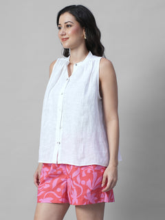 Women's White 100% Linen Regular Fit Blouse
