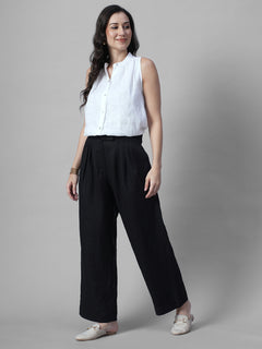 Women's Black 100% Linen Regular Fit Pant