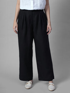 Women's Black 100% Linen Regular Fit Pant