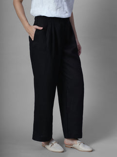 Women's Black 100% Linen Regular Fit Pant