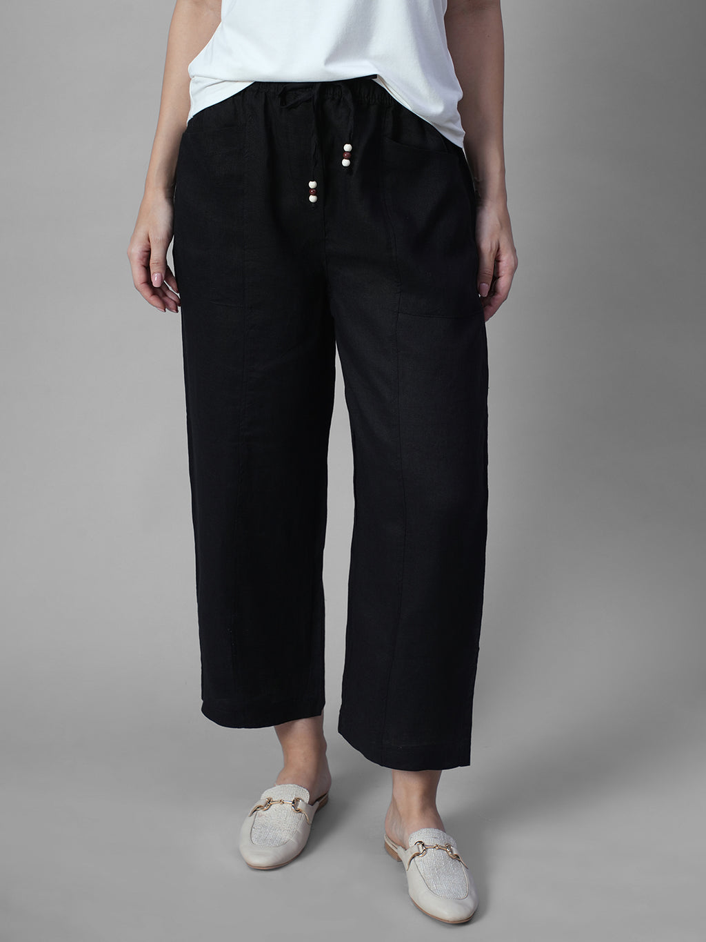 Women's Black 100% Linen Regular Fit Pant