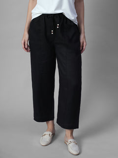 Women's Black 100% Linen Regular Fit Pant