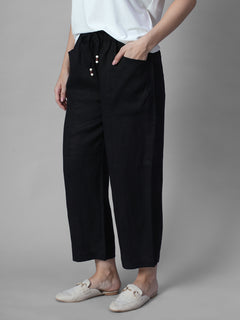 Women's Black 100% Linen Regular Fit Pant
