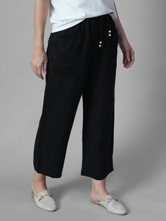 Women's Black 100% Linen Regular Fit Pant