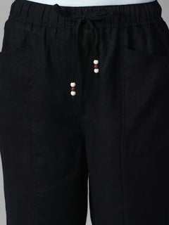 Women's Black 100% Linen Regular Fit Pant