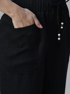 Women's Black 100% Linen Regular Fit Pant