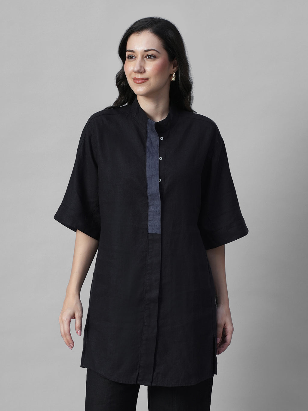 Women's Black 100% Linen Boxy Fit Kurta