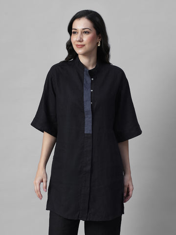 Women's Black 100% Linen Boxy Fit Kurta