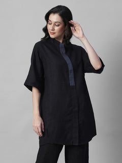 Women's Black 100% Linen Boxy Fit Kurta