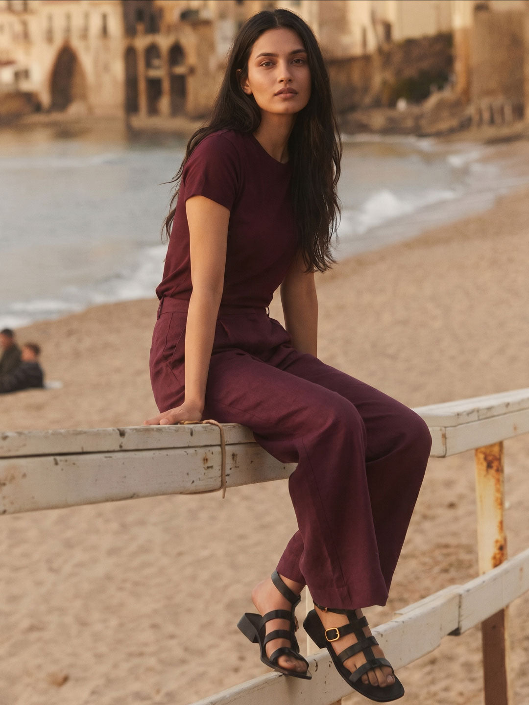 Women's Wine 100% Linen Wide Leg Pant