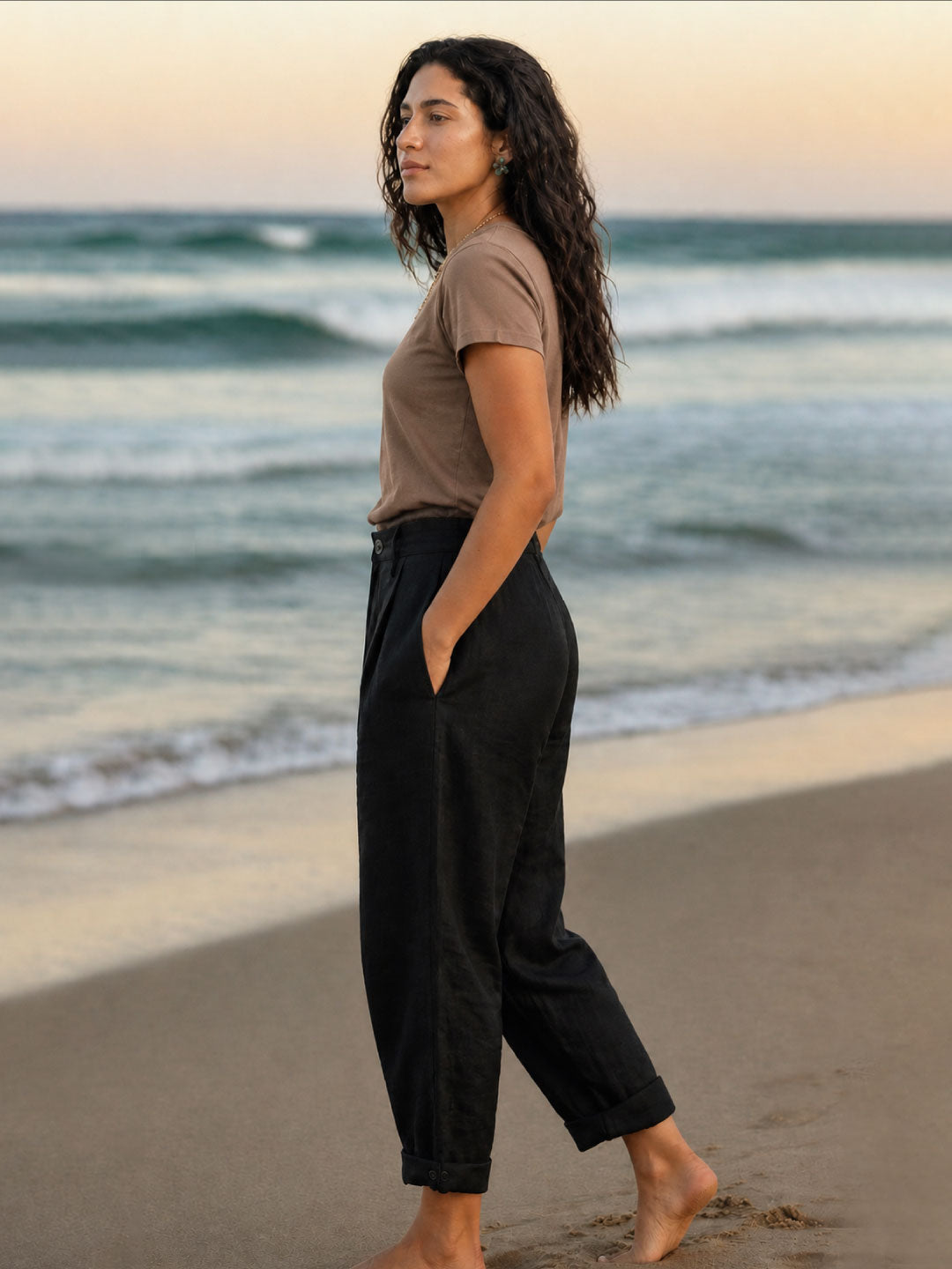 Women's Black 100% Linen Regular Fit Pant