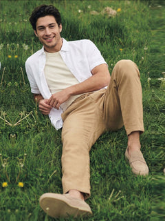 Men's 100% Linen Side Seam Pockets Regular Fit Pant Khaki