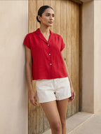 Women's Red 100% Linen Regular Fit Blouse