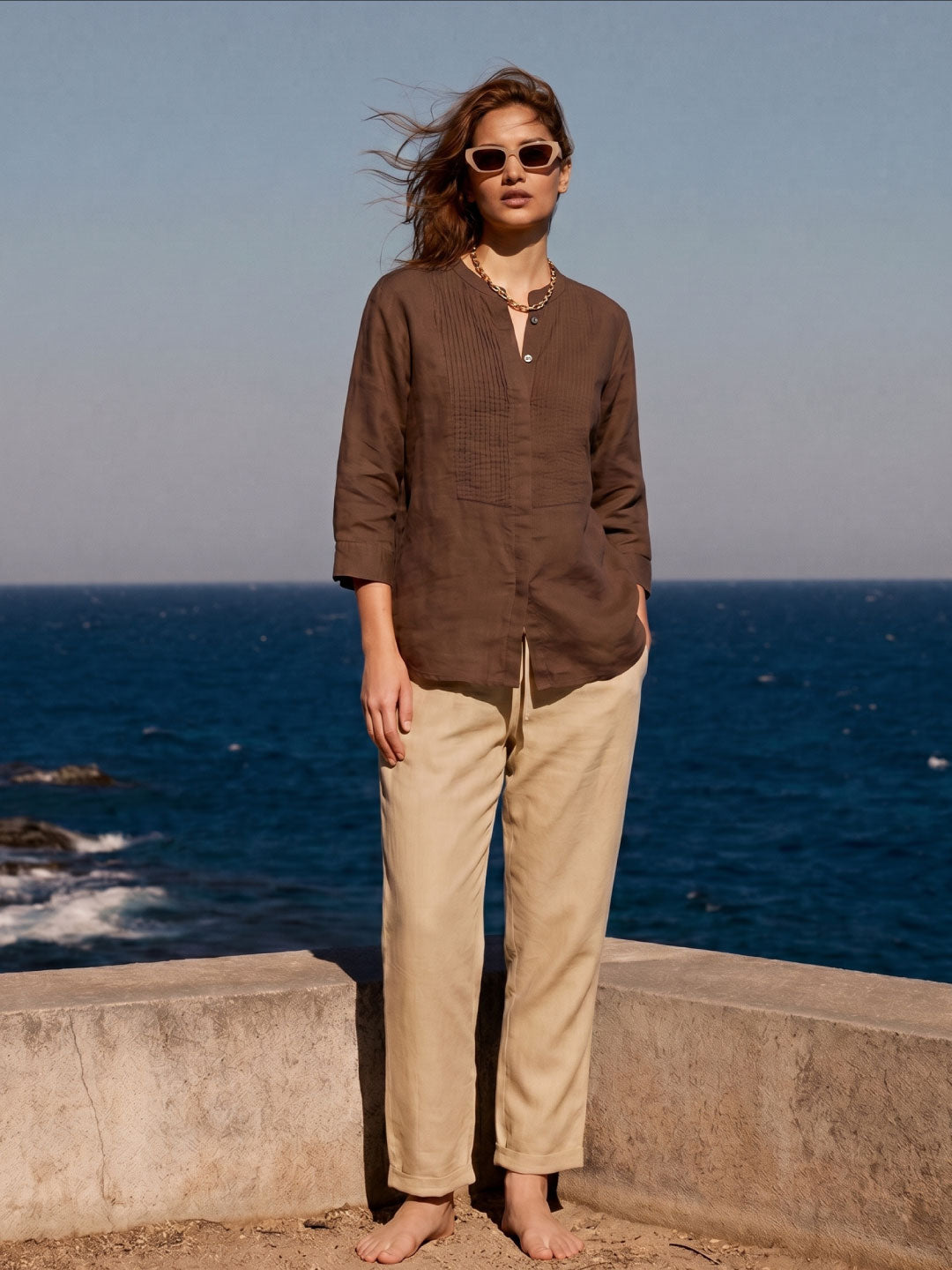 Women's Khaki Linen Viscose Regular Fit Pant