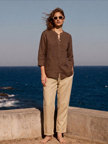 Women's Khaki Linen Viscose Regular Fit Pant