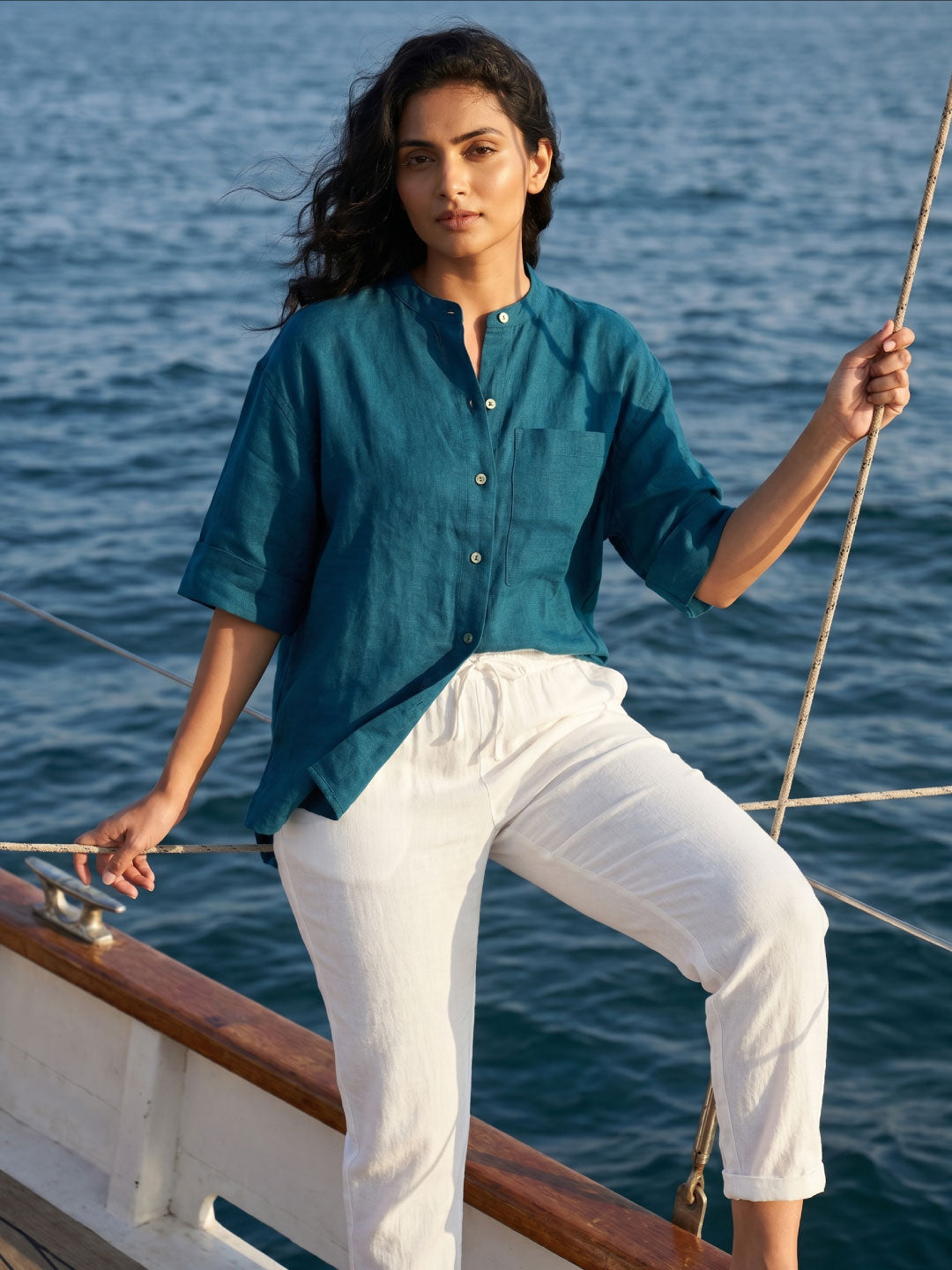Women's White Linen Viscose Regular Fit Pant