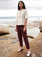 Women's Wine Linen Viscose Regular Fit Pant
