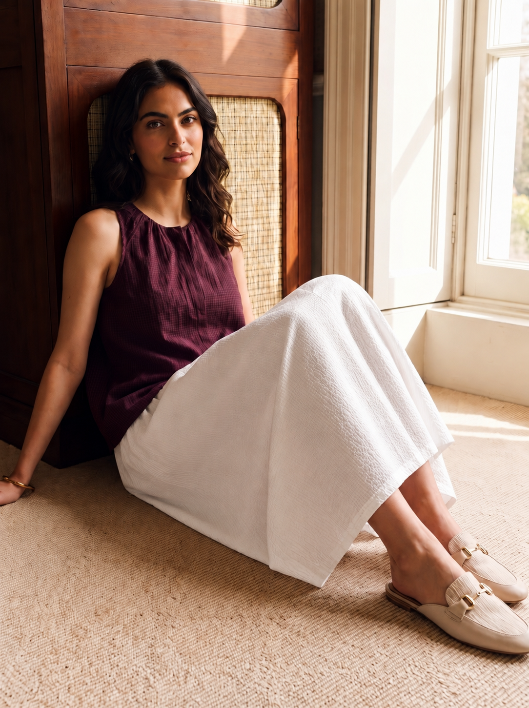 Women's Maroon 100% Linen A Line Blouse