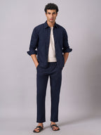 Men's Navy Cotton Linen Regular Fit Pant