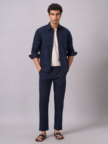 Men's Navy Cotton Linen Regular Fit Pant