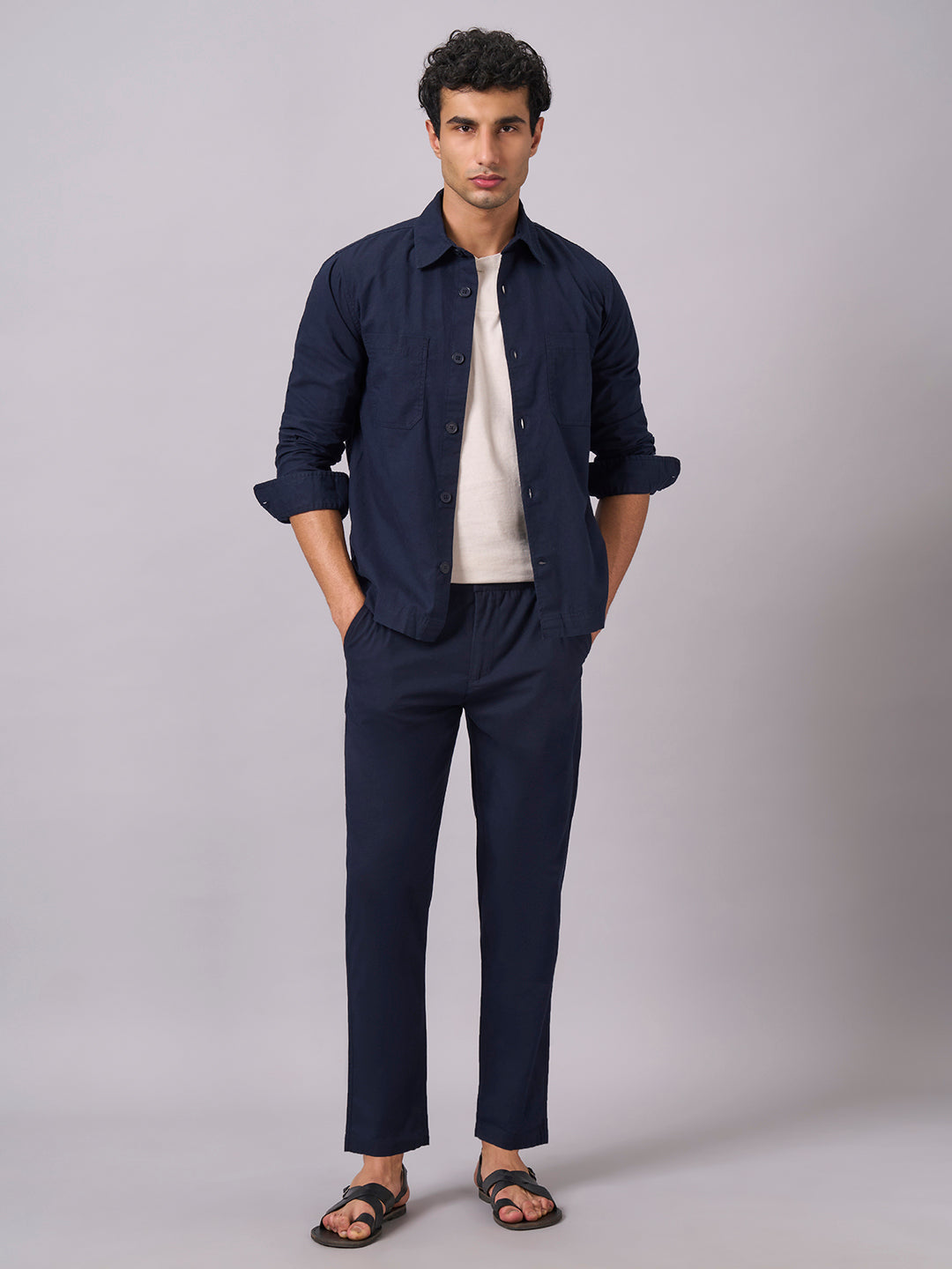 Men's Navy Cotton Linen Regular Fit Pant