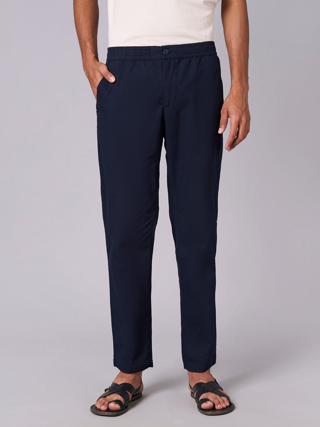 Men's Navy Cotton Linen Regular Fit Pant