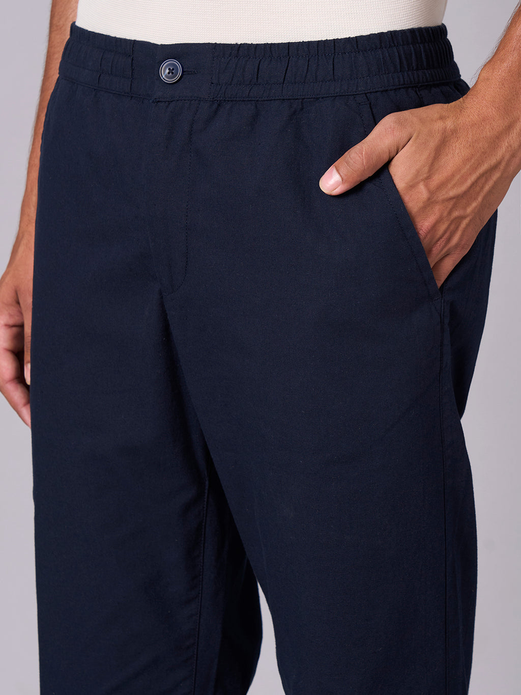 Men's Navy Cotton Linen Regular Fit Pant