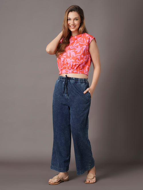 Women's Denim Blue 100% Cotton Straight Fit Pant