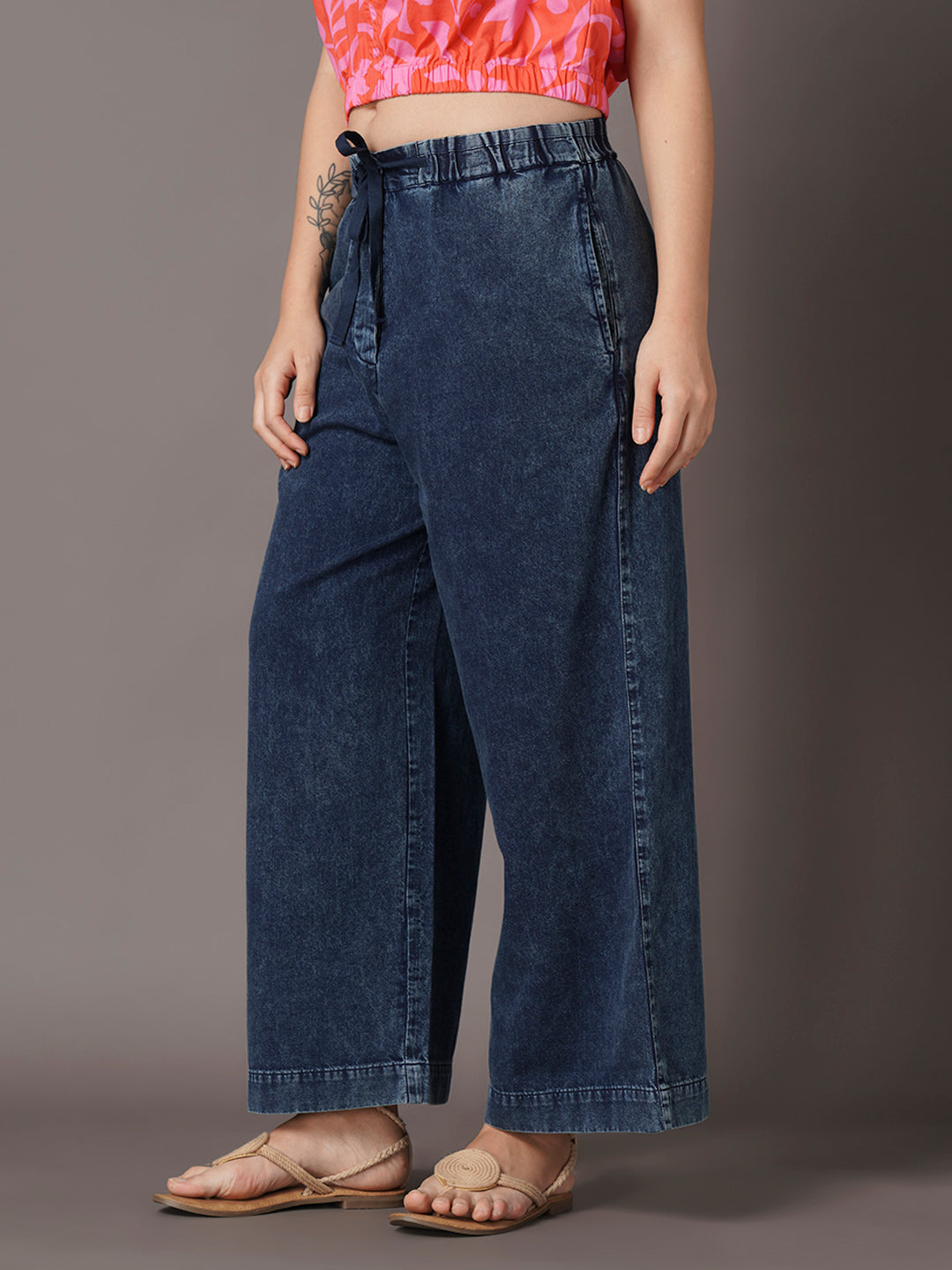 Women's Denim Blue 100% Cotton Straight Fit Pant